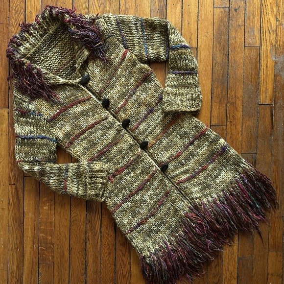 Sweaters - Vtg Y2K Handknit Wool Fuzzy String Neck Sweater Coat Mid Length Women Medium